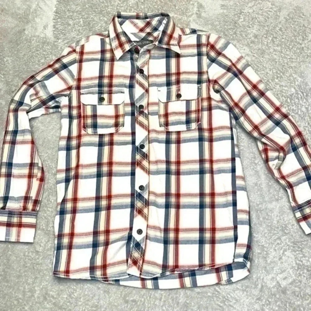 Pure Stuff Cream Red Plaid Button Down Shirt 100% Cotton Size M